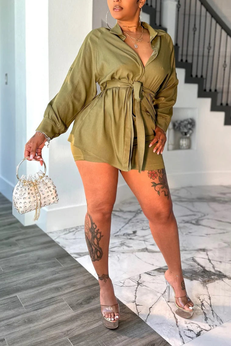 Chic Satin Two-Piece Set – Belted Shirt & Shorts