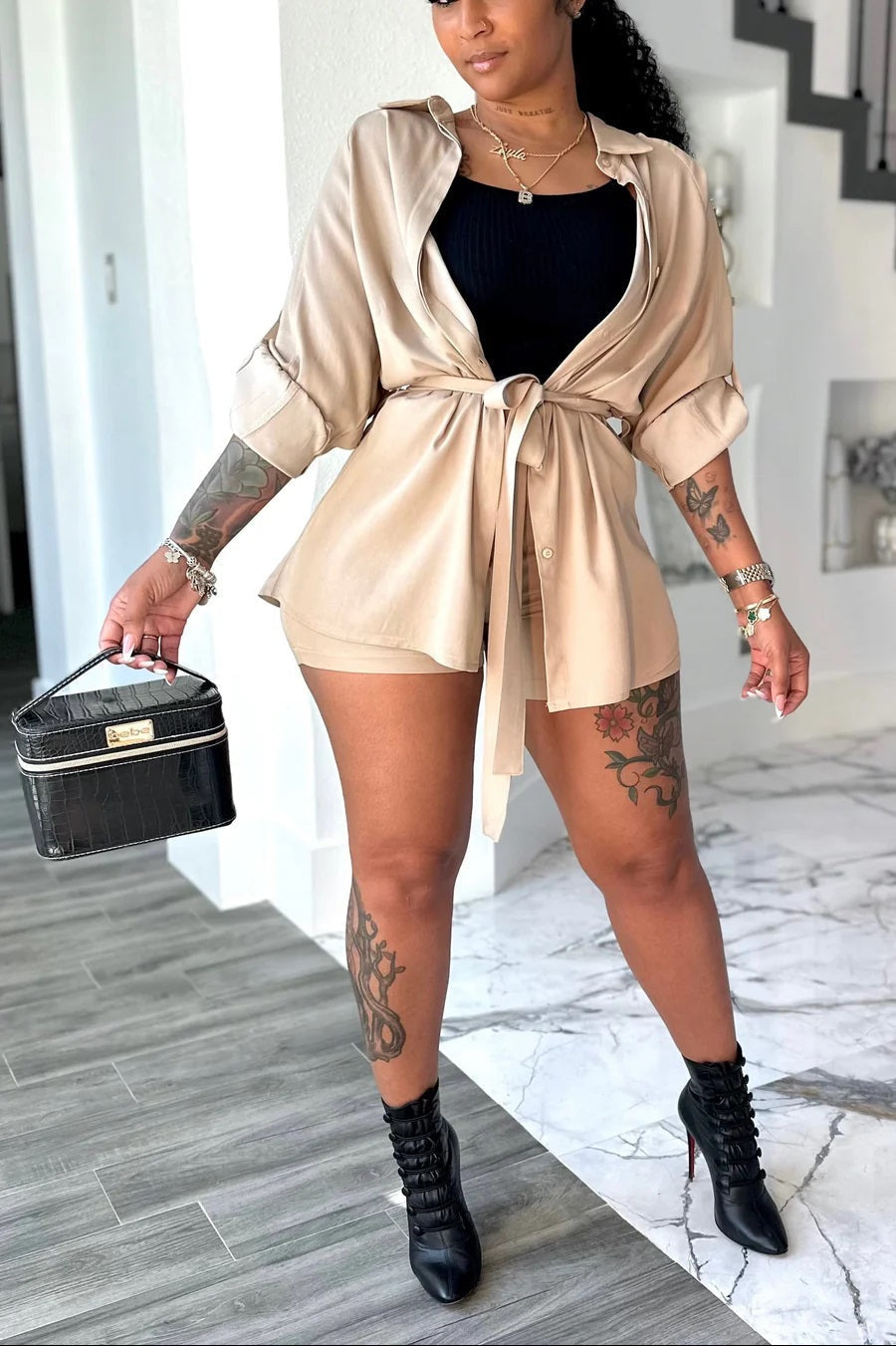 Chic Satin Two-Piece Set – Belted Shirt & Shorts