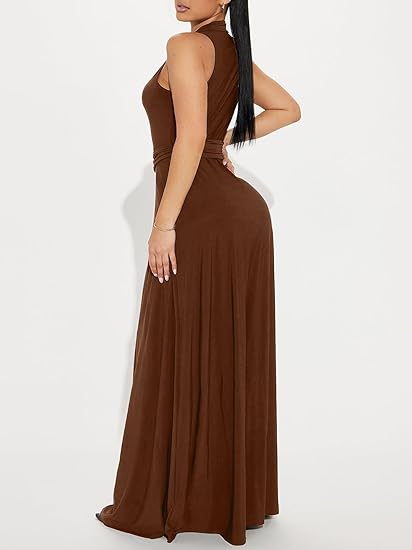 Deep V Neck Sleeveless Collared Button Down High Split Dress