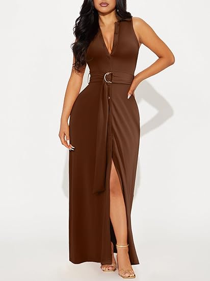 Deep V Neck Sleeveless Collared Button Down High Split Dress