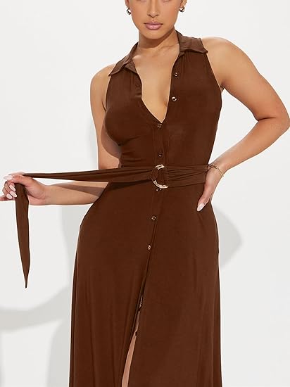 Deep V Neck Sleeveless Collared Button Down High Split Dress