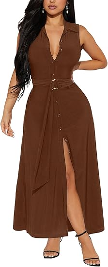 Deep V Neck Sleeveless Collared Button Down High Split Dress