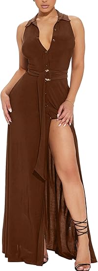 Deep V Neck Sleeveless Collared Button Down High Split Dress