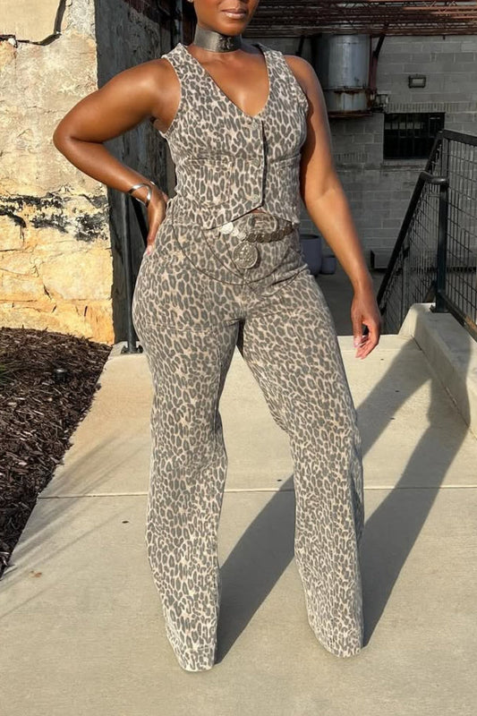 Leopard Print Vest Trousers Suit