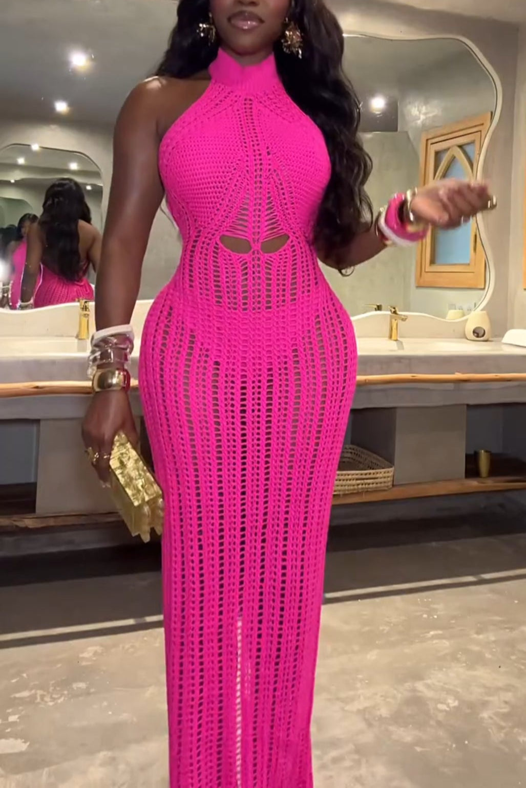 Halter Neck Bodycon Open Knit Fringe Party Dress