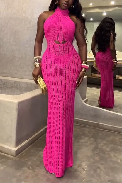 Halter Neck Bodycon Open Knit Fringe Party Dress
