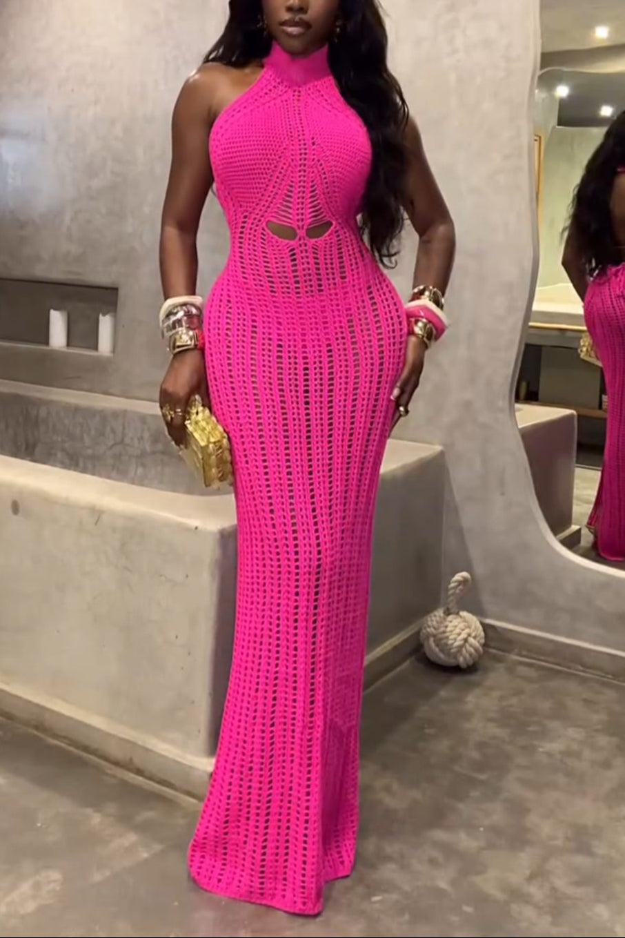 Halter Neck Bodycon Open Knit Fringe Party Dress