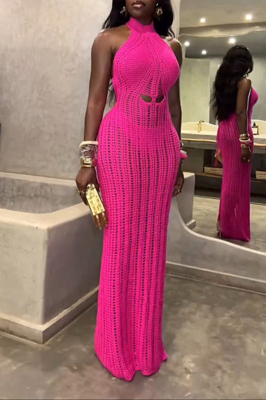 Halter Neck Bodycon Open Knit Fringe Party Dress