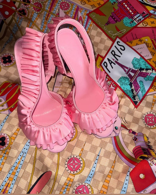 Pink Ruffle High Heels – Satin Peep Toe Stiletto Party Shoes