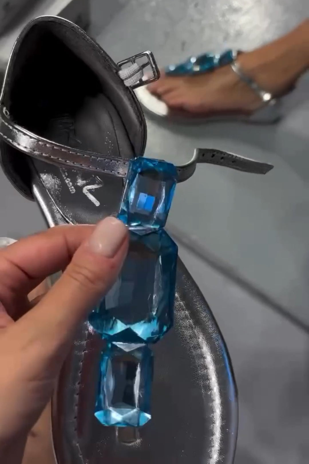 Blue Rhinestone Sparkle Flip Flops Flat Sandals