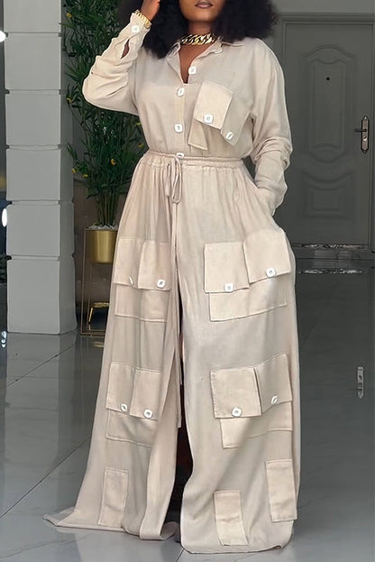 Utility Chic Pocket Maxi Shirt Dress – Button Down Split Long Dress with Drawstring Waist