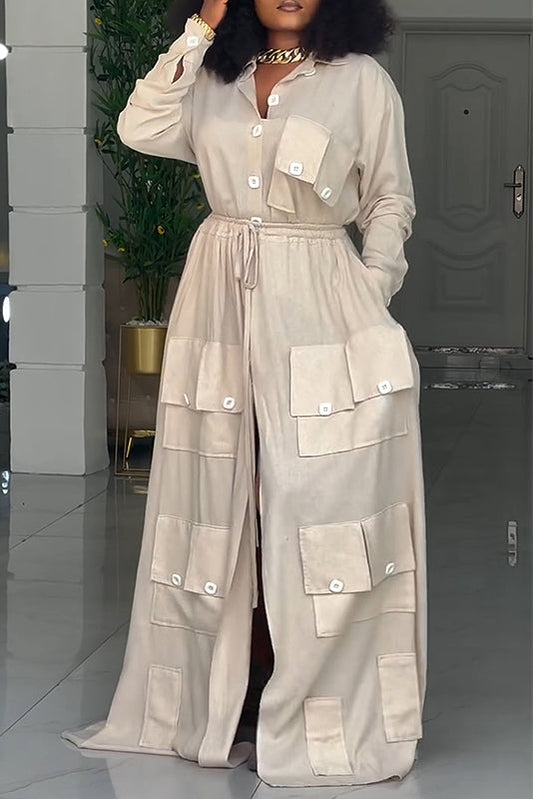 Utility Chic Pocket Maxi Shirt Dress – Button Down Split Long Dress with Drawstring Waist