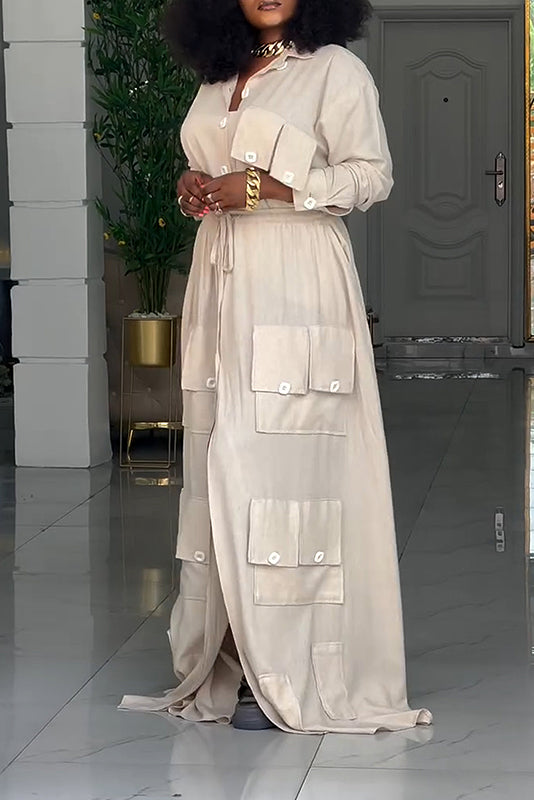 Utility Chic Pocket Maxi Shirt Dress – Button Down Split Long Dress with Drawstring Waist