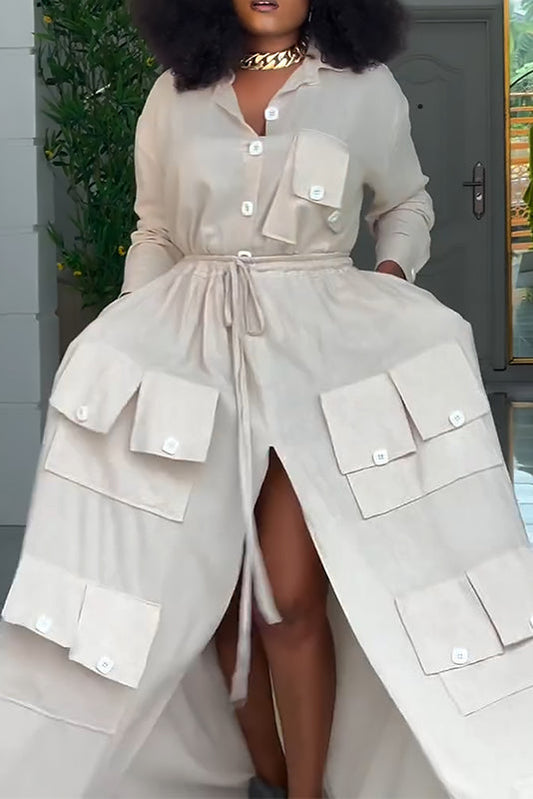 Utility Chic Pocket Maxi Shirt Dress – Button Down Split Long Dress with Drawstring Waist