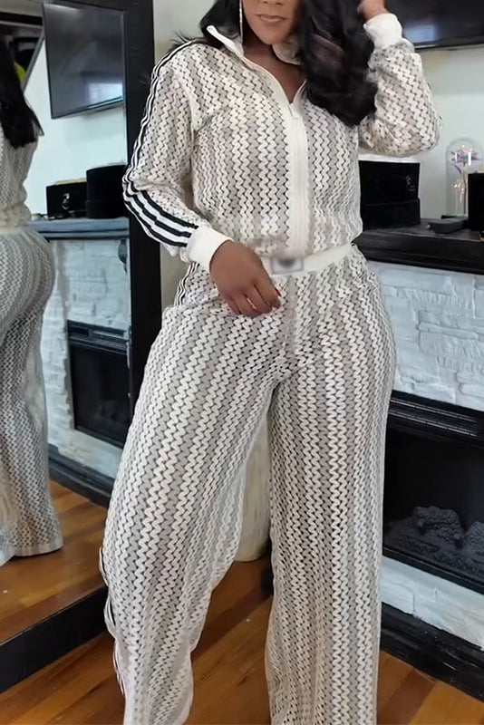 Retro Wave Knit Zip-Up Two-Piece Set