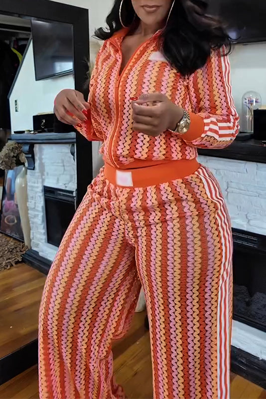 Retro Wave Knit Zip-Up Two-Piece Set