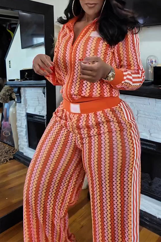 Retro Wave Knit Zip-Up Two-Piece Set