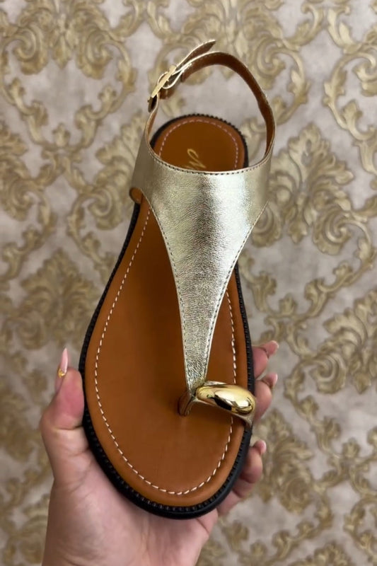 Metallic Gold T-Strap Flat Sandals