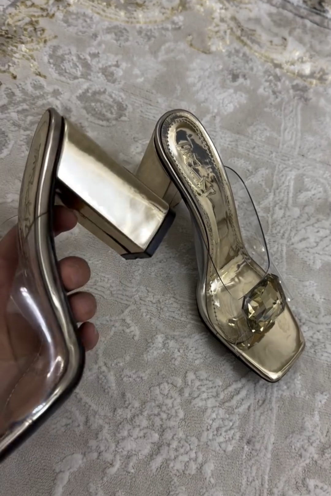 Gold Crystal Block Heel Mules Transparent Strap Square Toe Slippers