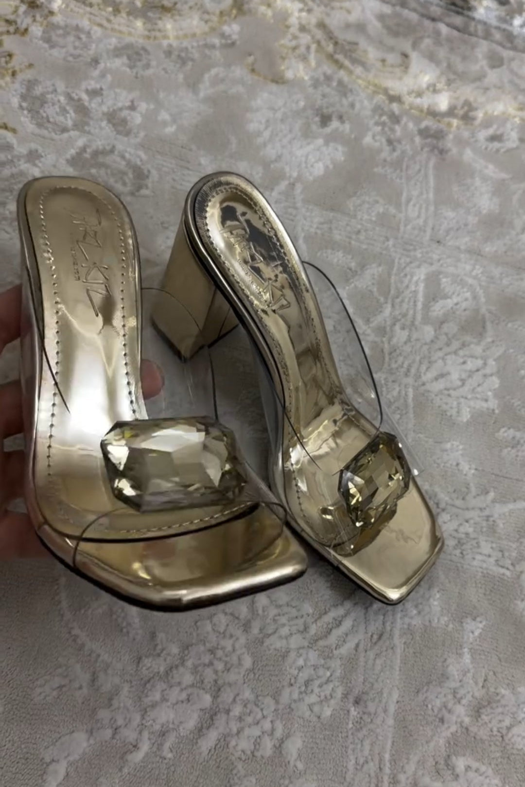 Gold Crystal Block Heel Mules Transparent Strap Square Toe Slippers