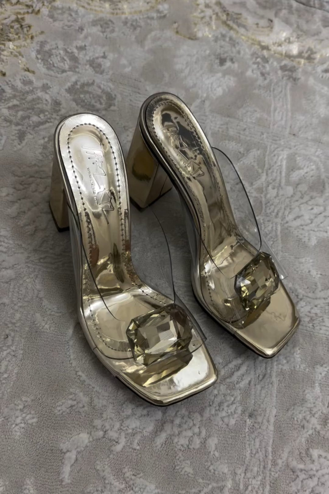 Gold Crystal Block Heel Mules Transparent Strap Square Toe Slippers