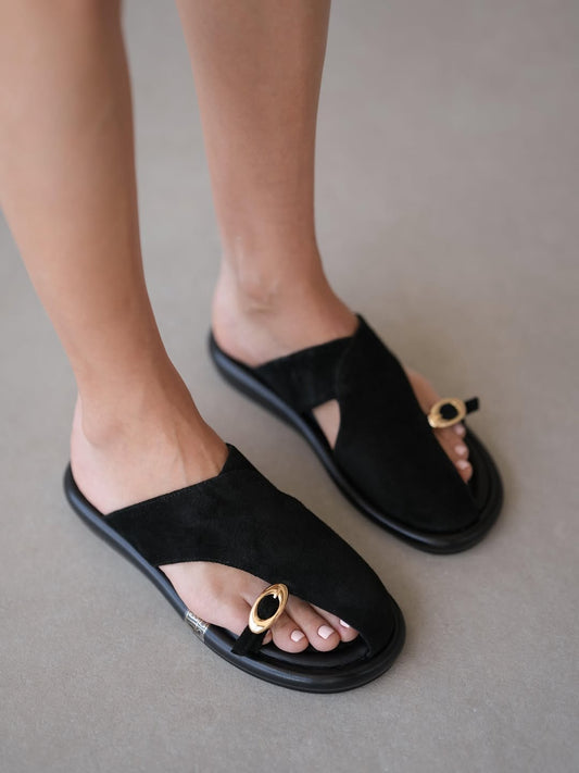 Bowie Asymmetric Cut Toe Buckle Detailed Genuine Leather Women's Slippers