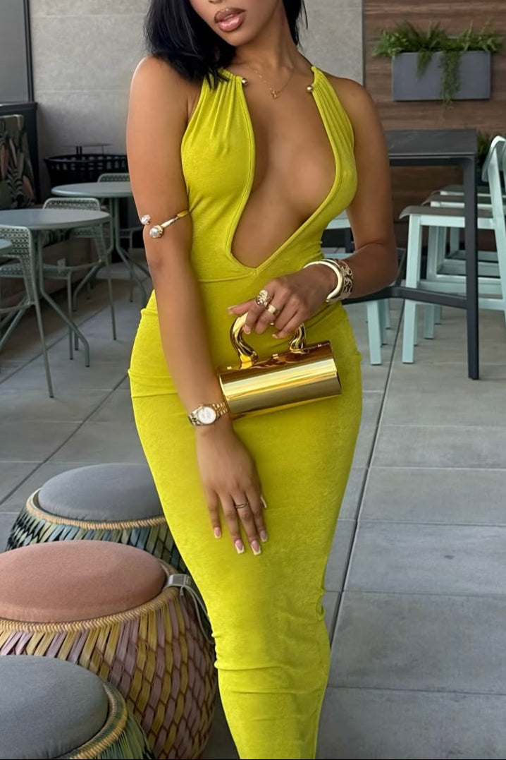 Bold Deep V Bodycon Maxi Dress – Neon Yellow Sleeveless Party Gown