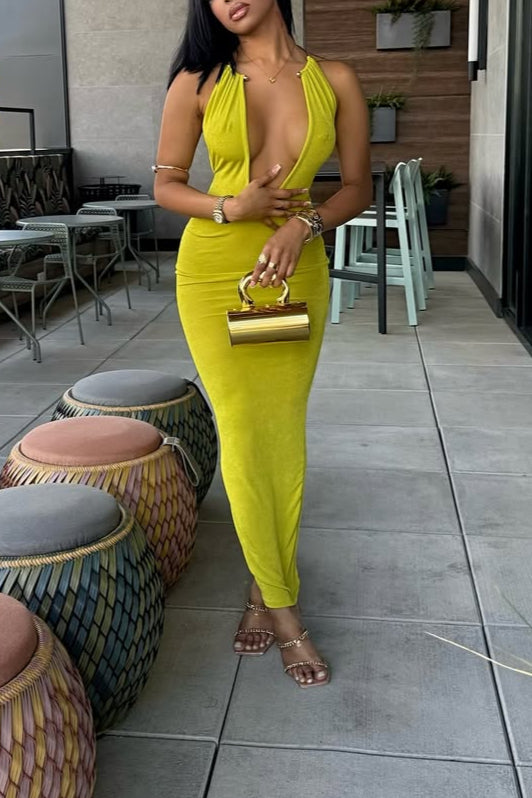 Bold Deep V Bodycon Maxi Dress – Neon Yellow Sleeveless Party Gown