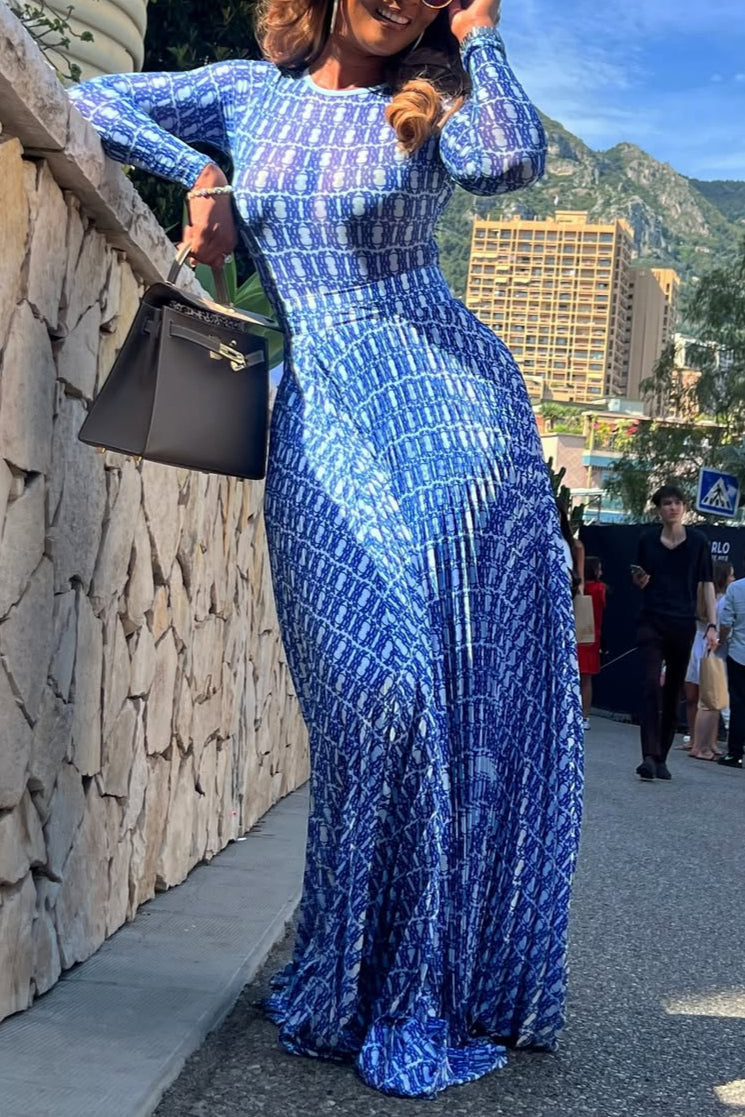 Elegant Blue Printed Two-Piece Set – Long Sleeve Top & Maxi Skirt Outfit