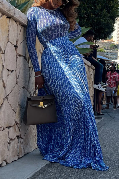 Elegant Blue Printed Two-Piece Set – Long Sleeve Top & Maxi Skirt Outfit