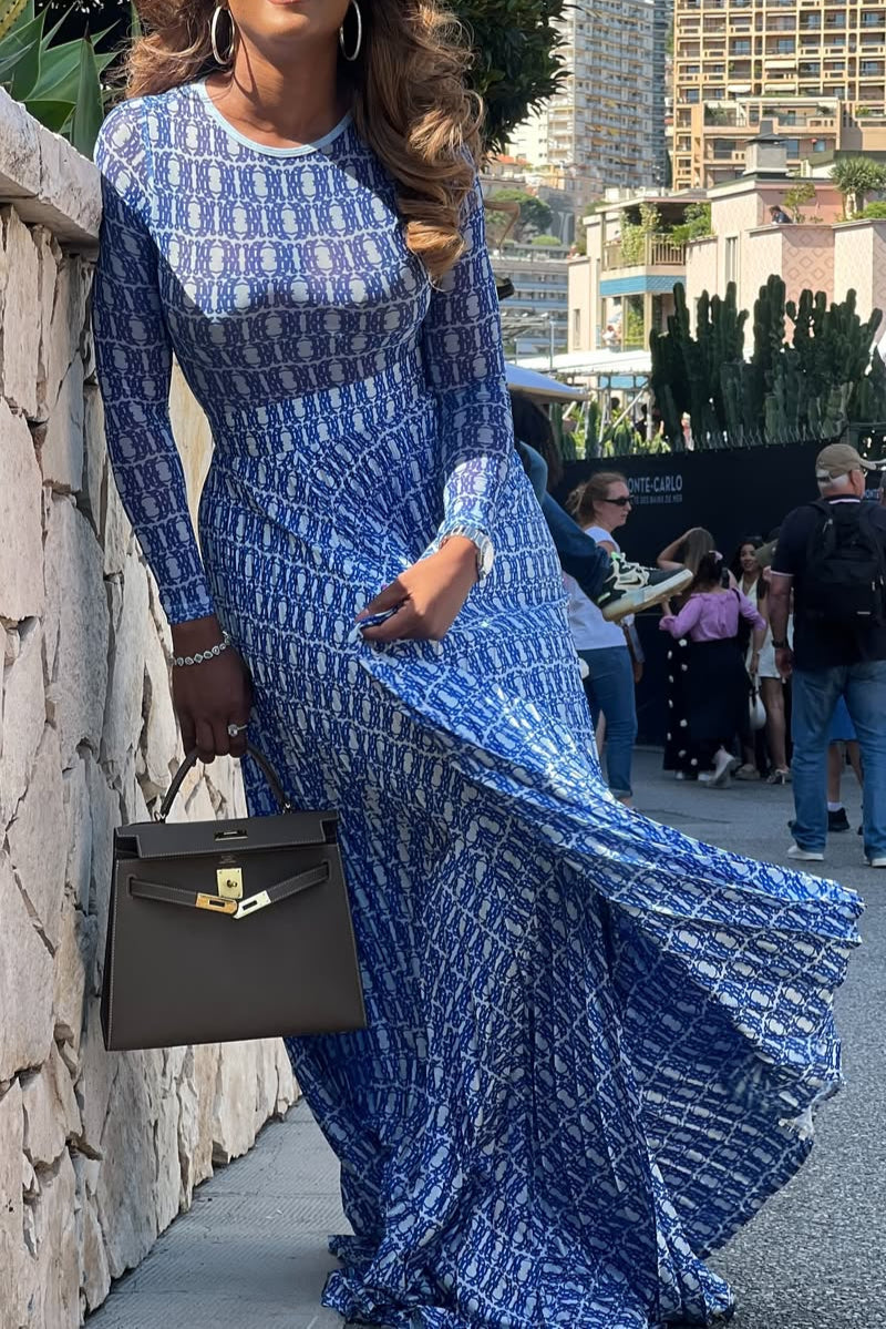 Elegant Blue Printed Two-Piece Set – Long Sleeve Top & Maxi Skirt Outfit