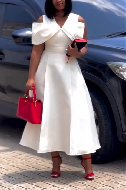 Bow-Decorated Off-the-shoulder Slip Dress