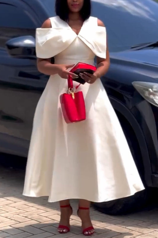 Bow-Decorated Off-the-shoulder Slip Dress