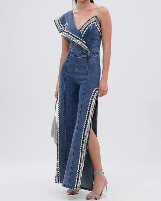 PearlEdge Denim Two-Piece Set – Asymmetric Crop Top & Wide-Leg Pants