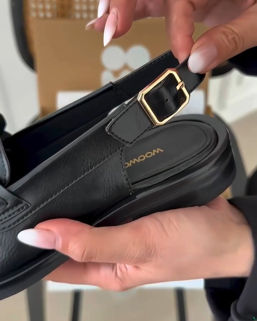 Sleek Black Leather Slip-On Loafers – Gold Buckle Strap Design