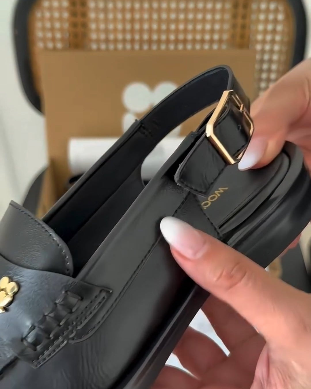 Sleek Black Leather Slip-On Loafers – Gold Buckle Strap Design