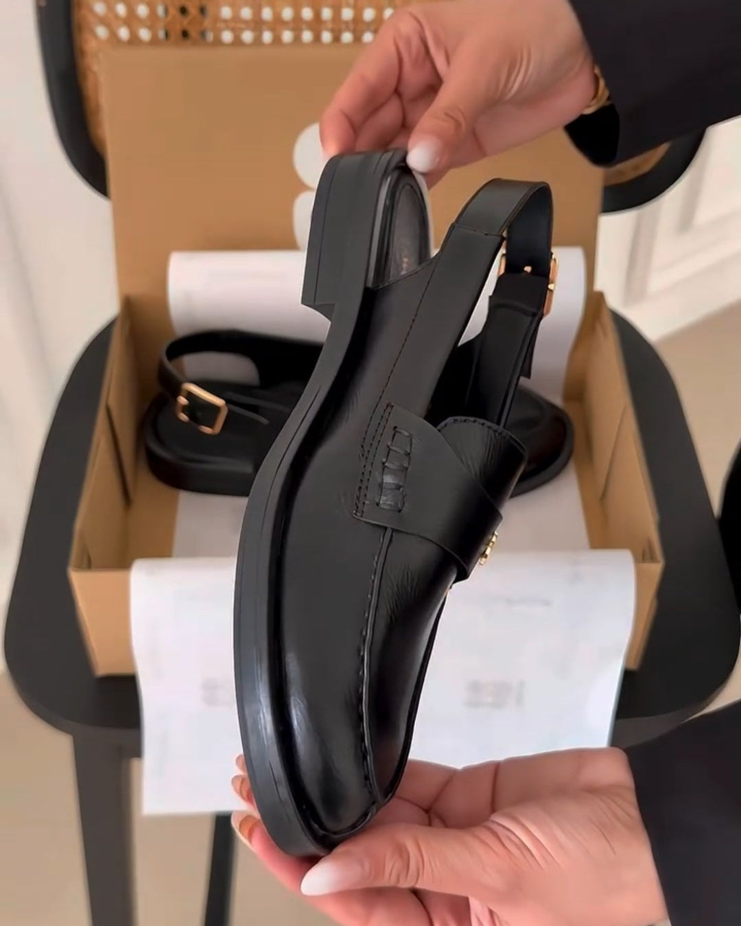 Sleek Black Leather Slip-On Loafers – Gold Buckle Strap Design