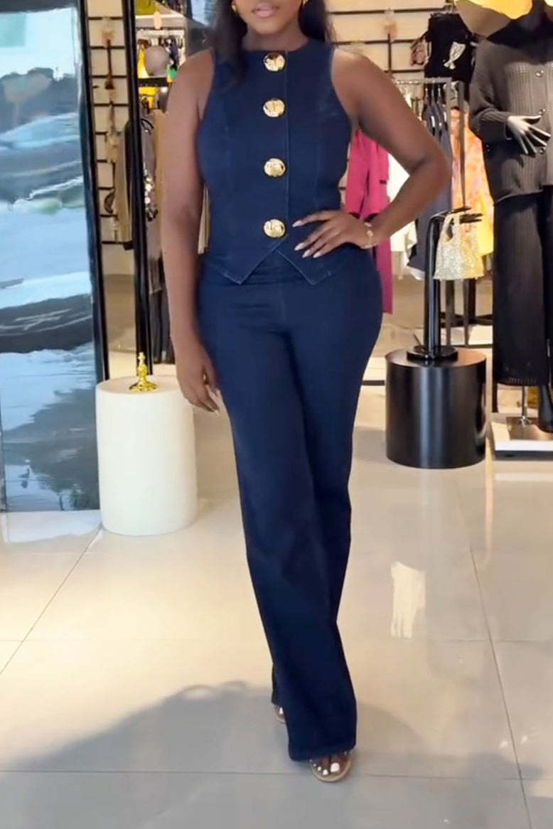 Gold Button Denim Vest Trousers Set