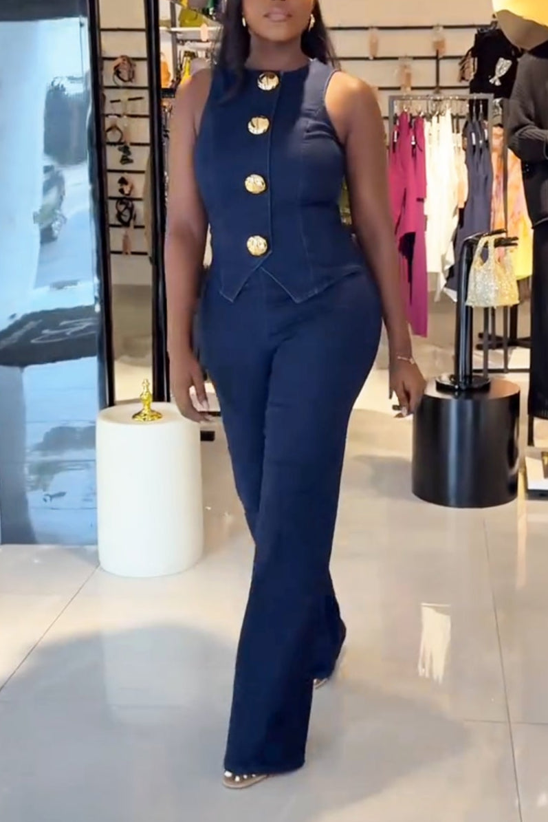 Gold Button Denim Vest Trousers Set