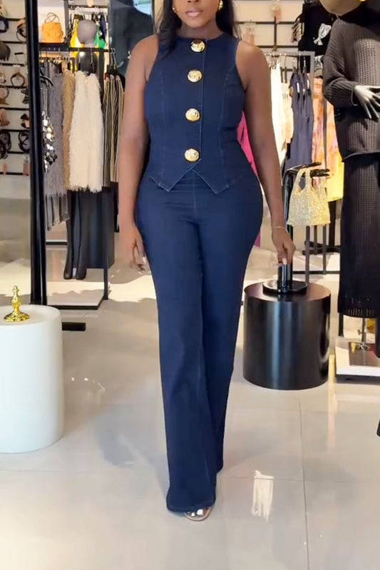 Gold Button Denim Vest Trousers Set