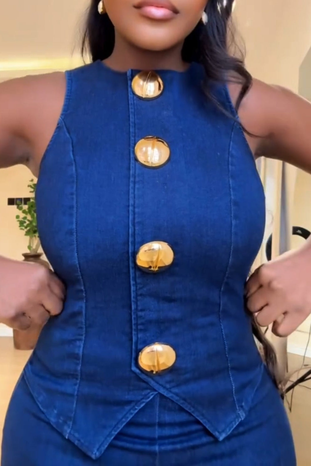 Gold Button Denim Vest Trousers Set