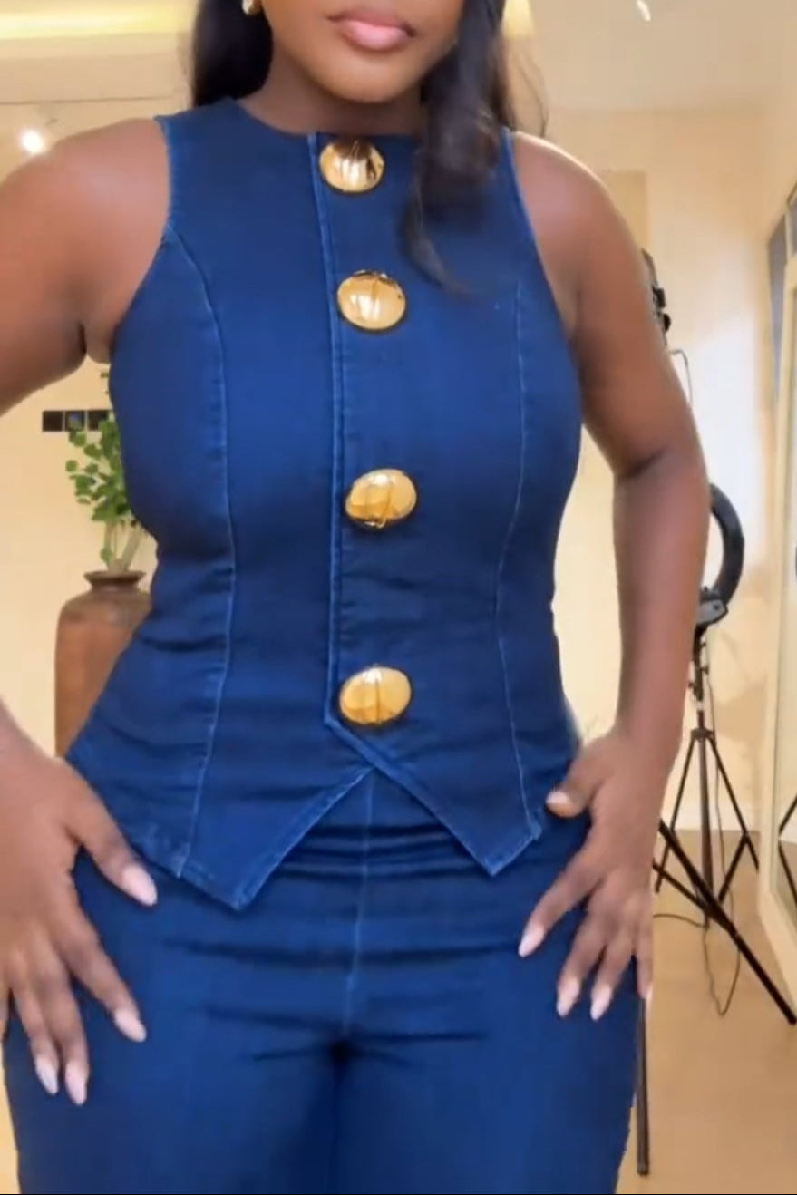 Gold Button Denim Vest Trousers Set