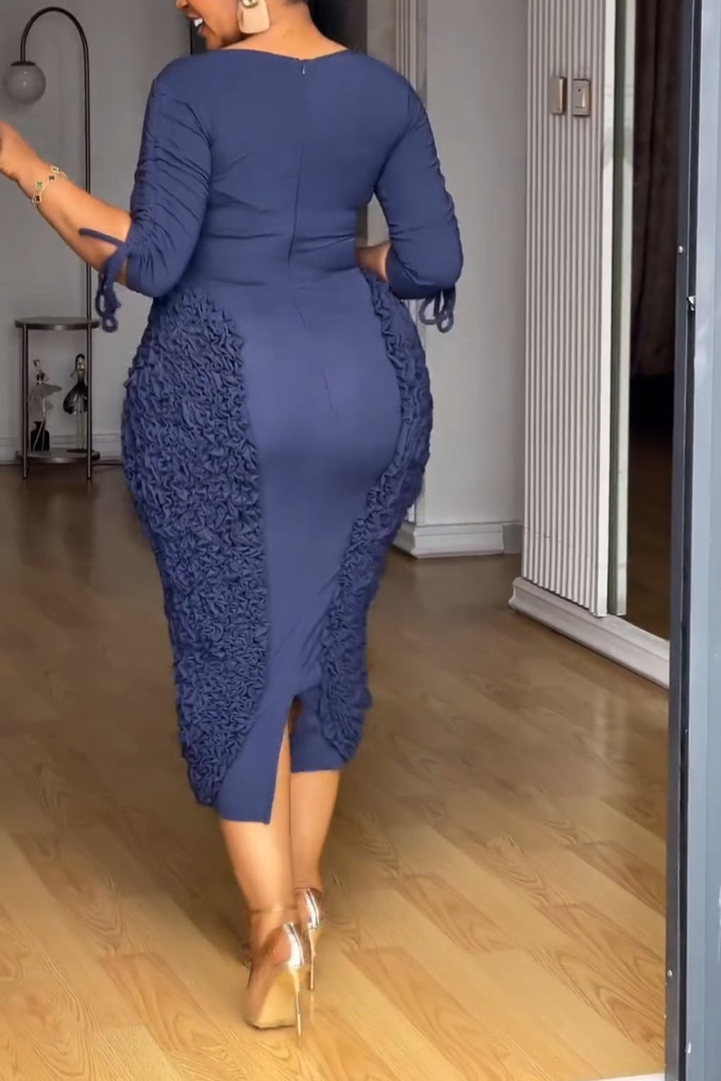 Irregular Pleated Decoration Drawstring Mid-length Sleeve Dress