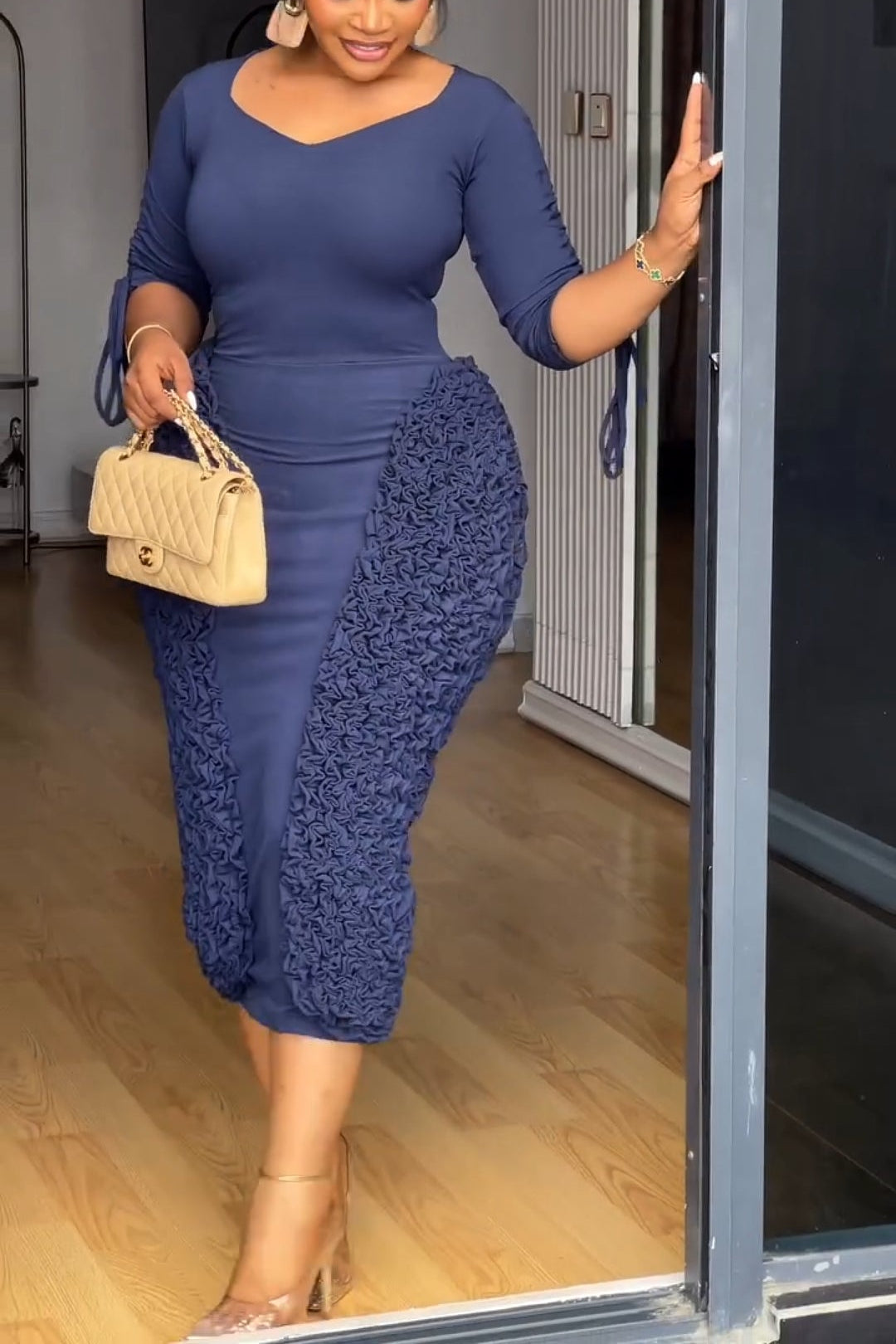 Irregular Pleated Decoration Drawstring Mid-length Sleeve Dress