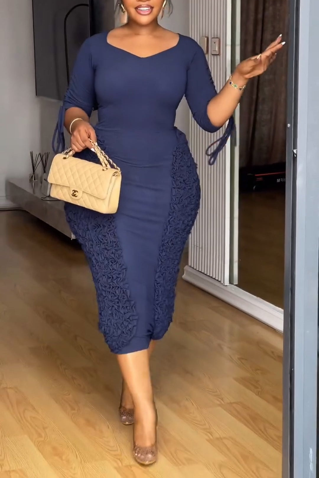 Irregular Pleated Decoration Drawstring Mid-length Sleeve Dress