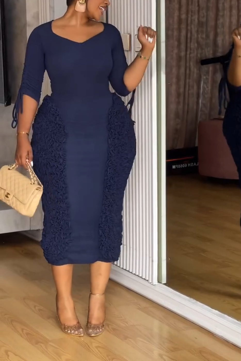 Irregular Pleated Decoration Drawstring Mid-length Sleeve Dress