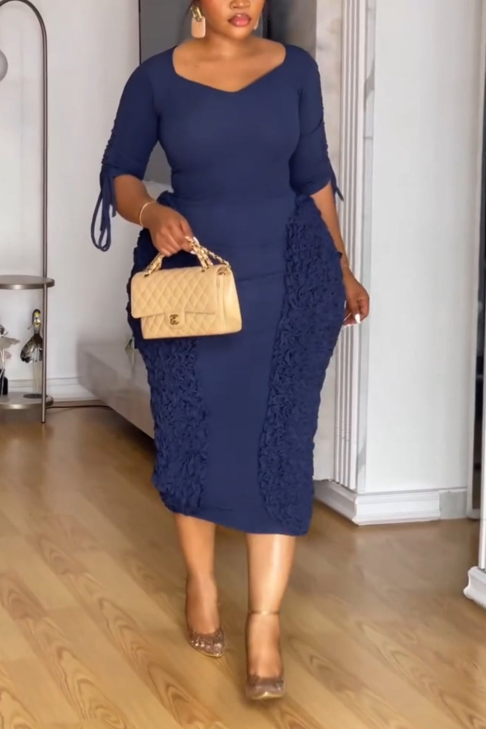 Irregular Pleated Decoration Drawstring Mid-length Sleeve Dress