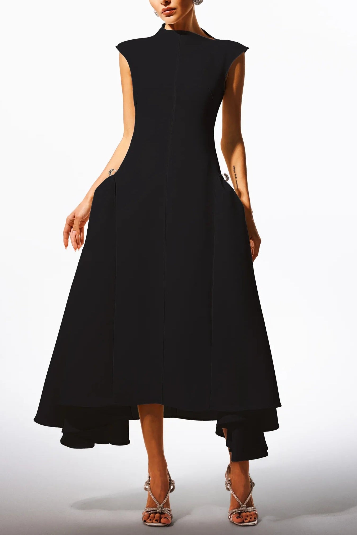 Black Sleeveless Metal Button Midi Dress