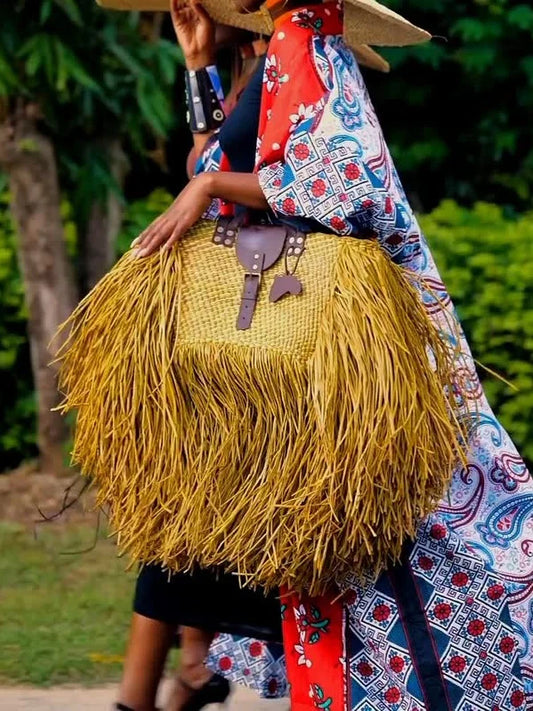 Handcrafted Woven Tote with Fringe Detailing