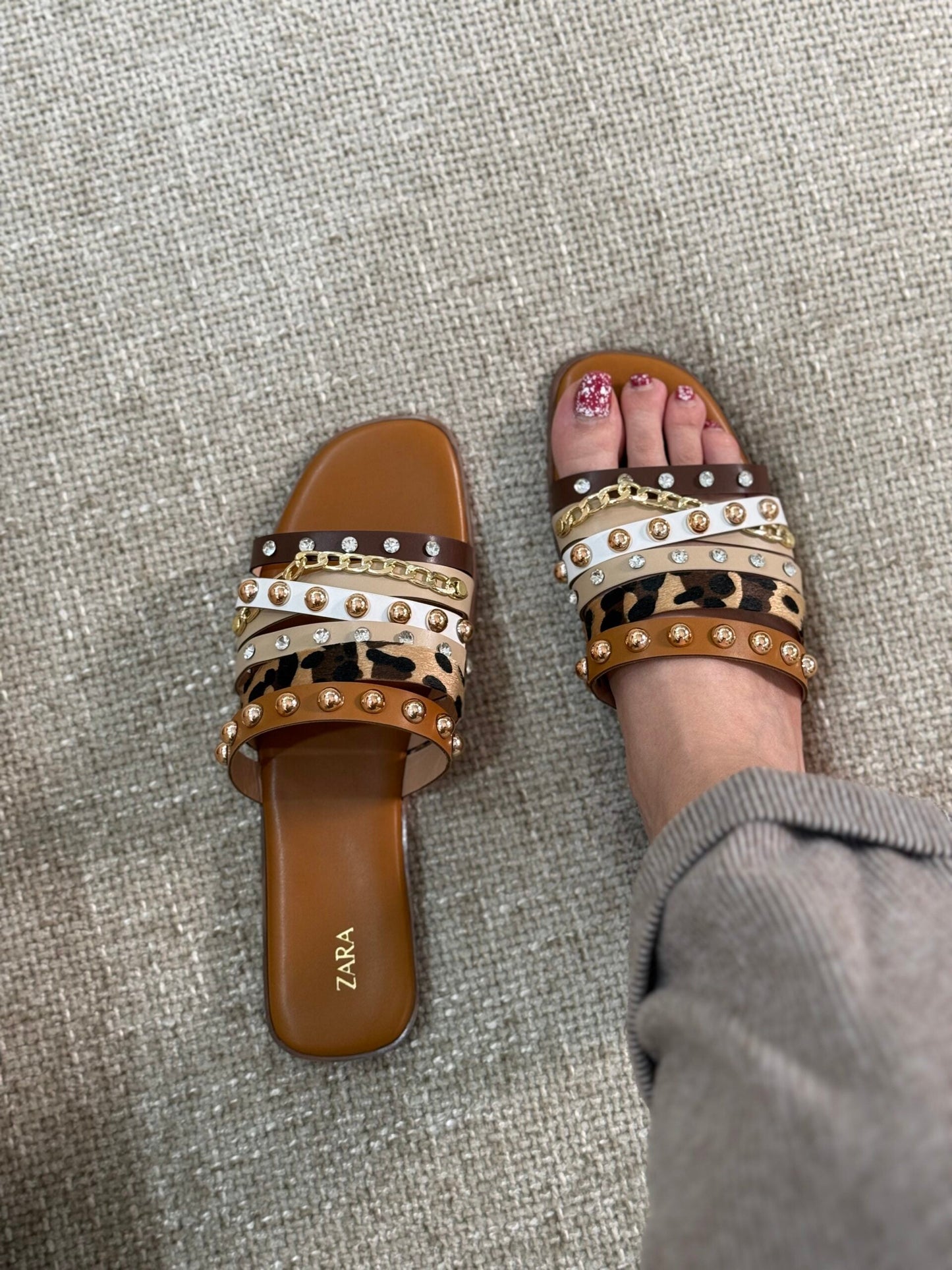 Studded Multi-Strap Slide Sandals – Leopard, Chain & Glam Accents
